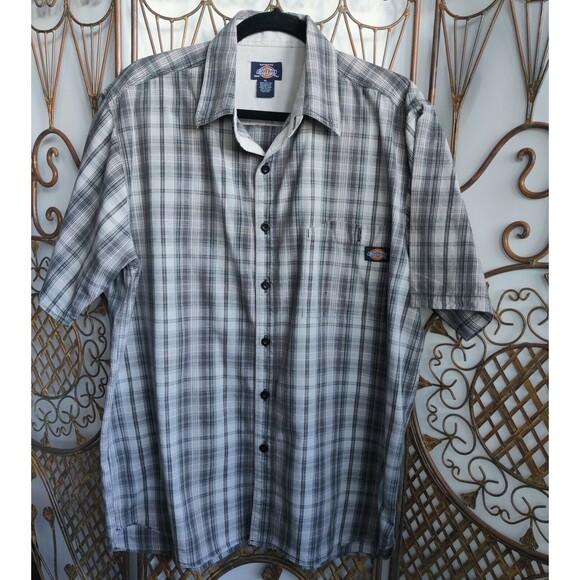 Authentic Dickies Mens Plaid Button Up Short‎ Sleeve Shirt Cotton Gray Size XL - Picture 3 of 11